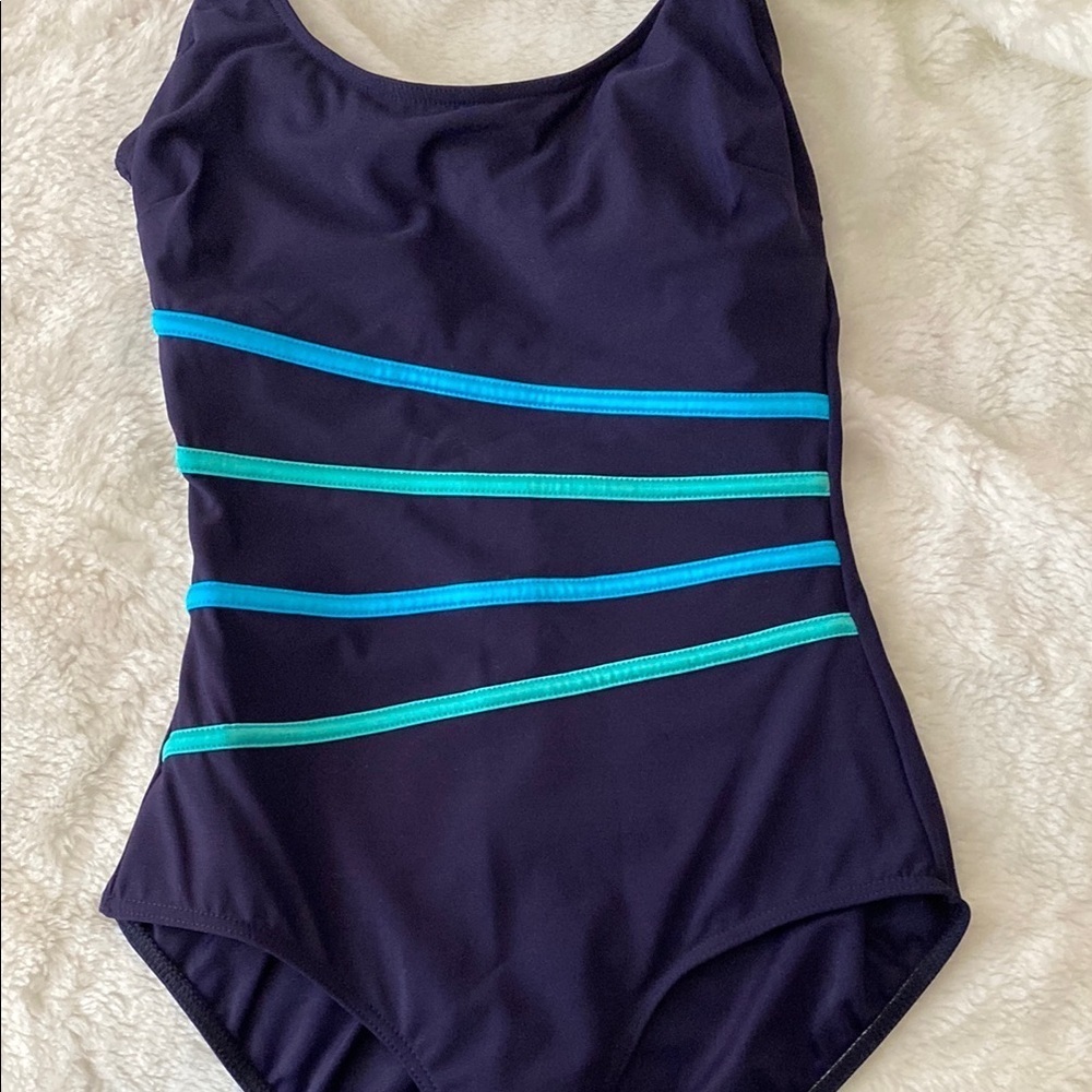 Blue One Piece Swimsuit with Diagonal Stripes w/Tummy Thinner-Size 10